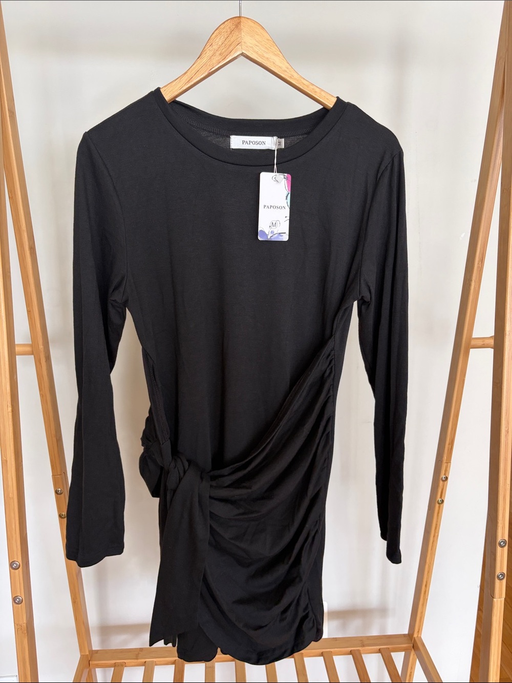 PAPOSON Black Long Sleeve Side Tie Dress